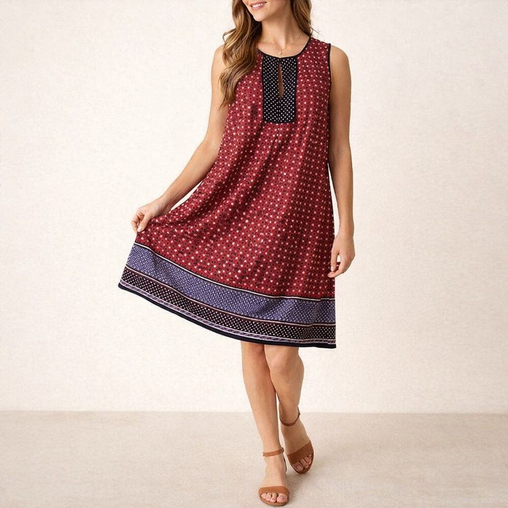 Max Studio Red Geometric Print Shift Dress Sleeveless Midi Sz L